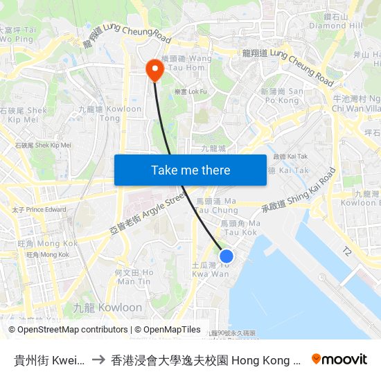 貴州街 Kwei Chow Street to 香港浸會大學逸夫校園 Hong Kong Baptist University Shaw Campus map