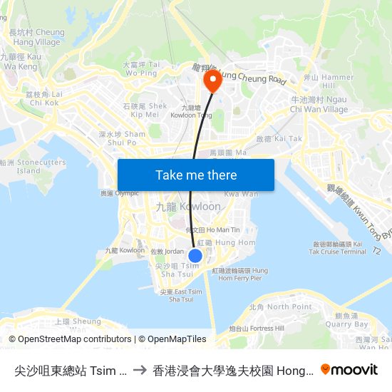 尖沙咀東總站 Tsim Sha Tsui East Bus Terminus to 香港浸會大學逸夫校園 Hong Kong Baptist University Shaw Campus map