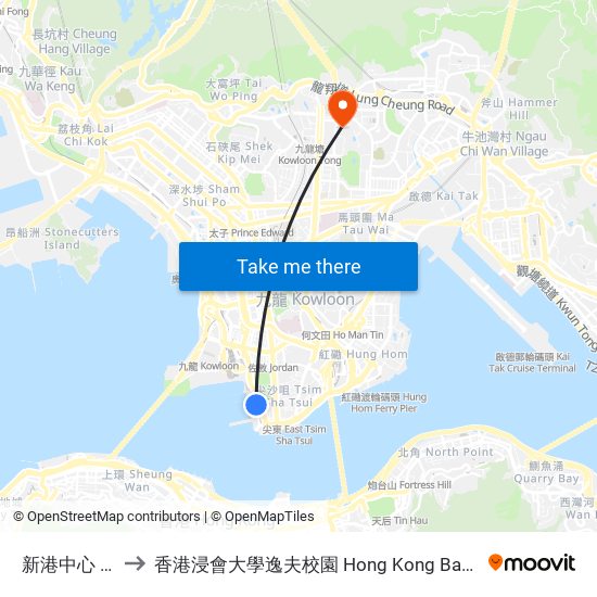 新港中心 Silvercord to 香港浸會大學逸夫校園 Hong Kong Baptist University Shaw Campus map