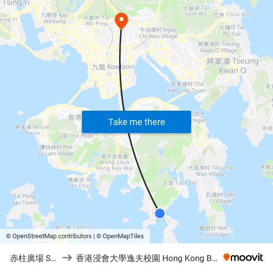 赤柱廣場 Stanley Plaza to 香港浸會大學逸夫校園 Hong Kong Baptist University Shaw Campus map