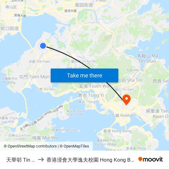 天華邨 Tin Wah Estate to 香港浸會大學逸夫校園 Hong Kong Baptist University Shaw Campus map