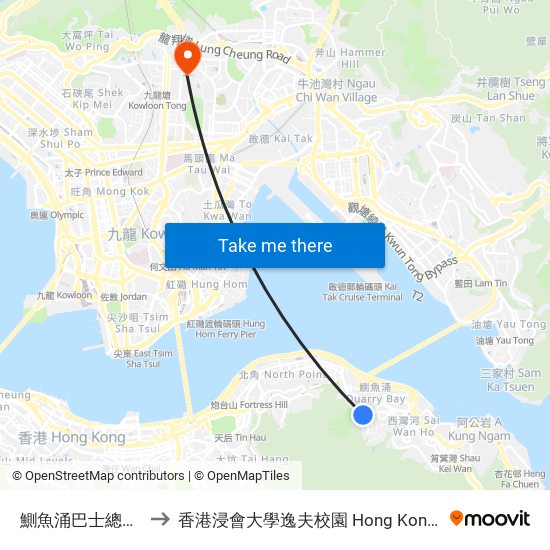 鰂魚涌巴士總站 Quarry Bay B/T to 香港浸會大學逸夫校園 Hong Kong Baptist University Shaw Campus map