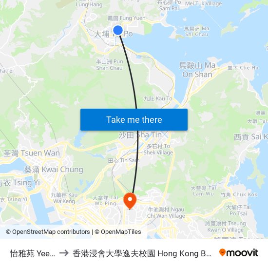怡雅苑 Yee Nga Court to 香港浸會大學逸夫校園 Hong Kong Baptist University Shaw Campus map