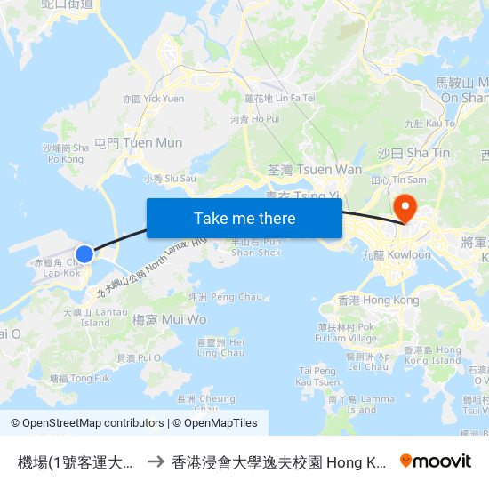 機場(1號客運大樓) Airport Terminal 1 to 香港浸會大學逸夫校園 Hong Kong Baptist University Shaw Campus map