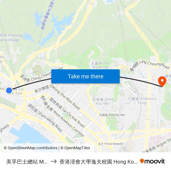 美孚巴士總站 Mei Foo Bus Terminus to 香港浸會大學逸夫校園 Hong Kong Baptist University Shaw Campus map