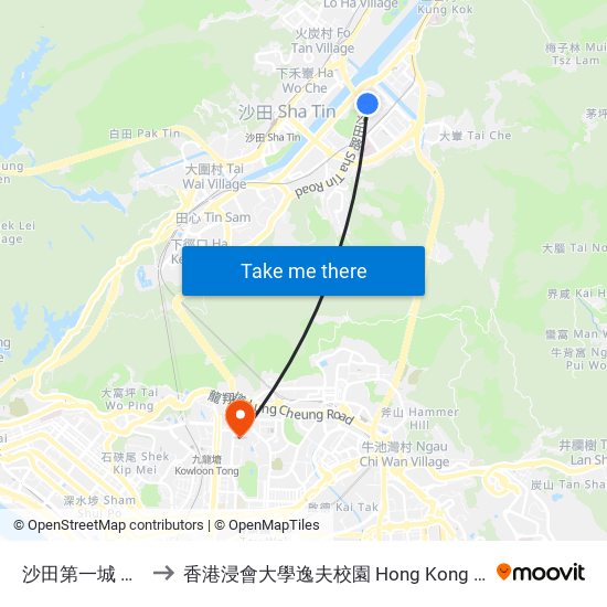 沙田第一城 City One Shatin to 香港浸會大學逸夫校園 Hong Kong Baptist University Shaw Campus map