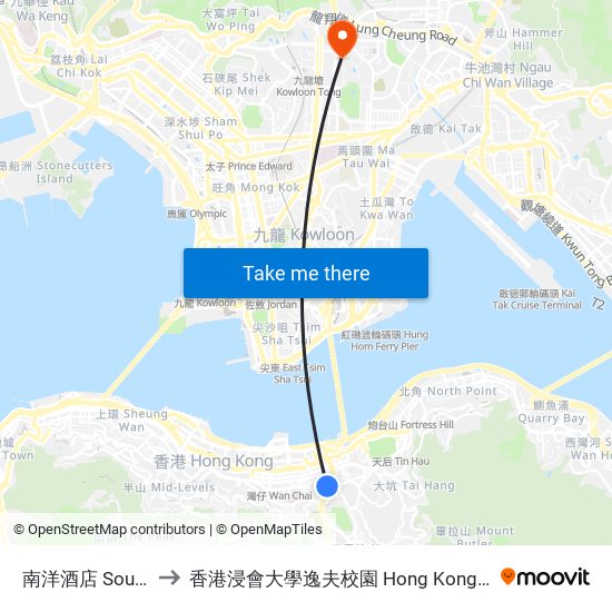 南洋酒店 South Pacific Hotel to 香港浸會大學逸夫校園 Hong Kong Baptist University Shaw Campus map