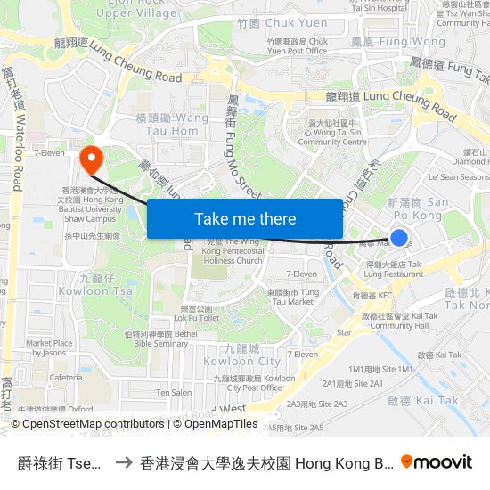 爵祿街 Tseuk Luk Street to 香港浸會大學逸夫校園 Hong Kong Baptist University Shaw Campus map