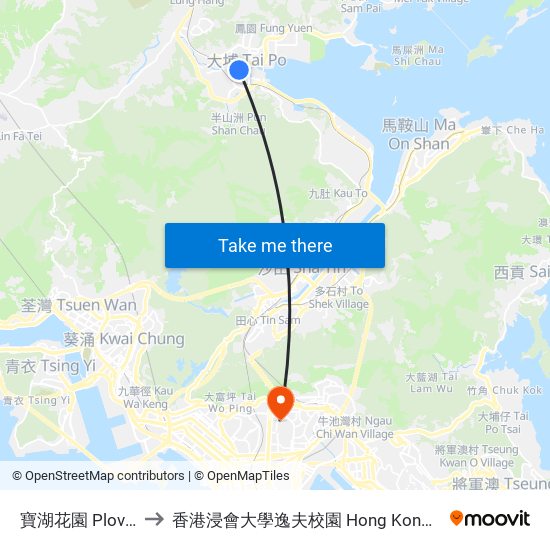 寶湖花園 Plover Cove Garden to 香港浸會大學逸夫校園 Hong Kong Baptist University Shaw Campus map