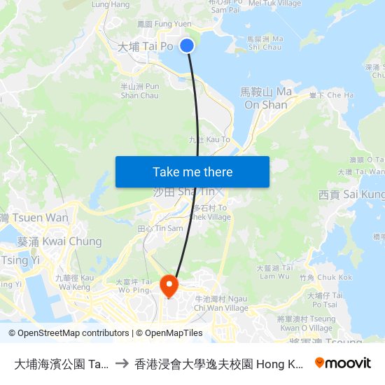 大埔海濱公園 Tai Po Waterfront Park to 香港浸會大學逸夫校園 Hong Kong Baptist University Shaw Campus map