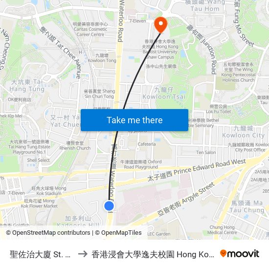 聖佐治大廈 St. George Apartments to 香港浸會大學逸夫校園 Hong Kong Baptist University Shaw Campus map