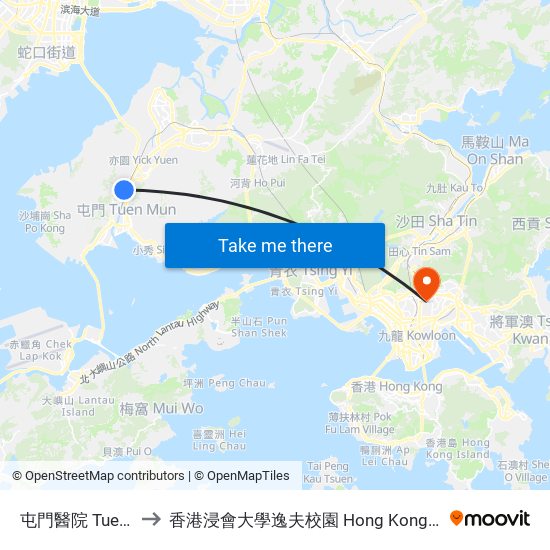 屯門醫院 Tuen Mun Hospital to 香港浸會大學逸夫校園 Hong Kong Baptist University Shaw Campus map