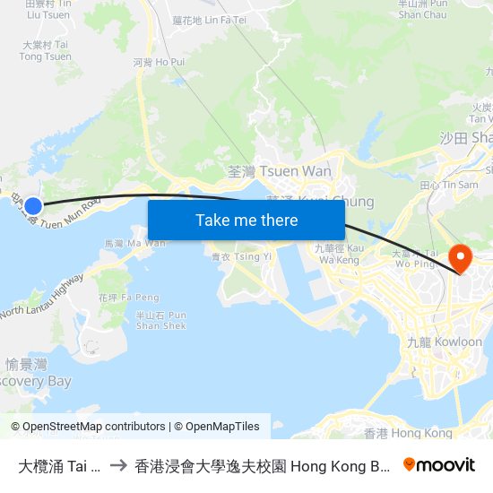 大欖涌 Tai Lam Chung to 香港浸會大學逸夫校園 Hong Kong Baptist University Shaw Campus map