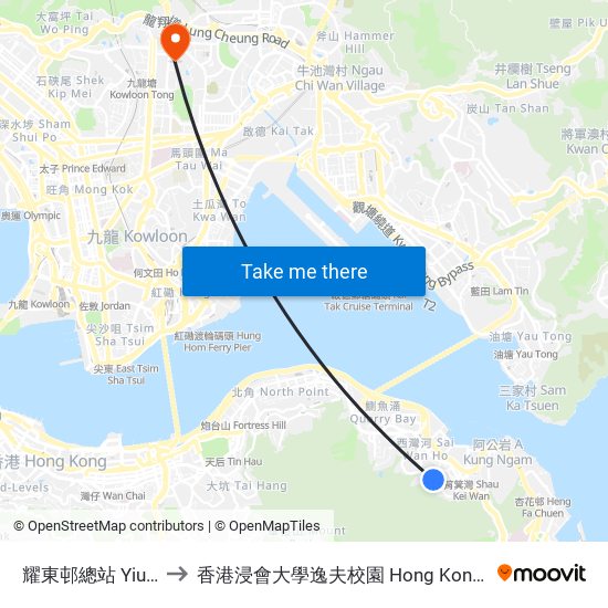 耀東邨總站 Yiu Tung Estate B/T to 香港浸會大學逸夫校園 Hong Kong Baptist University Shaw Campus map