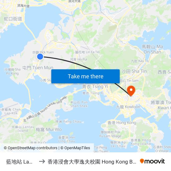 藍地站 Lam Tei  Station to 香港浸會大學逸夫校園 Hong Kong Baptist University Shaw Campus map