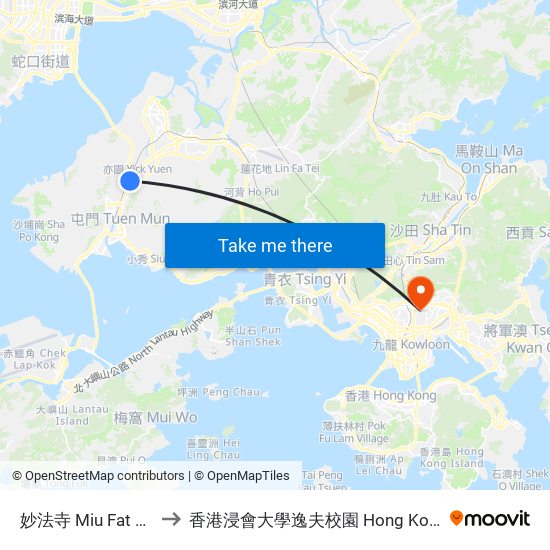 妙法寺 Miu Fat Buddhist Monastery to 香港浸會大學逸夫校園 Hong Kong Baptist University Shaw Campus map