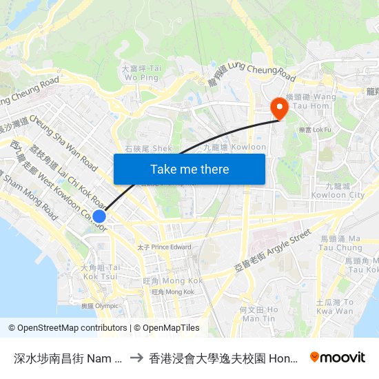深水埗南昌街 Nam Cheong Street Sham Shui Po to 香港浸會大學逸夫校園 Hong Kong Baptist University Shaw Campus map