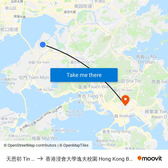 天恩邨 Tin Yan Estate to 香港浸會大學逸夫校園 Hong Kong Baptist University Shaw Campus map
