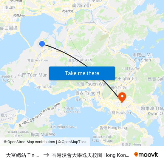 天富總站 Tin Fu Bus Terminus to 香港浸會大學逸夫校園 Hong Kong Baptist University Shaw Campus map