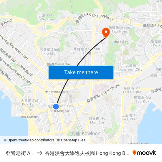 亞皆老街 Argyle Street to 香港浸會大學逸夫校園 Hong Kong Baptist University Shaw Campus map