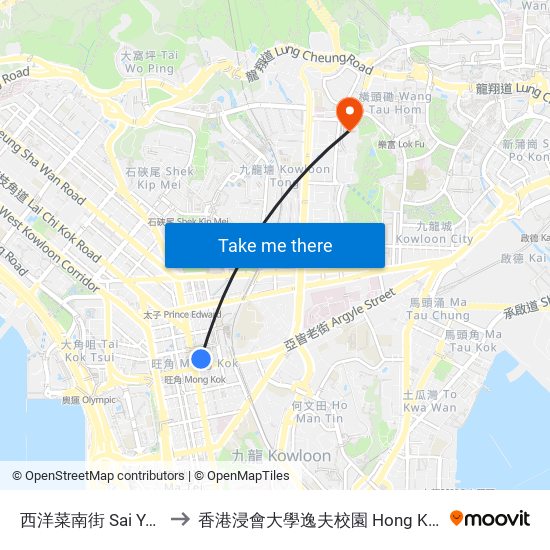 西洋菜南街 Sai Yeung Choi Street South to 香港浸會大學逸夫校園 Hong Kong Baptist University Shaw Campus map