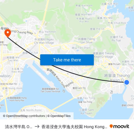 清水灣半島 Oscar by the Sea to 香港浸會大學逸夫校園 Hong Kong Baptist University Shaw Campus map