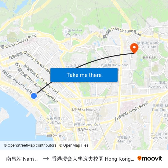 南昌站 Nam Cheong Station to 香港浸會大學逸夫校園 Hong Kong Baptist University Shaw Campus map