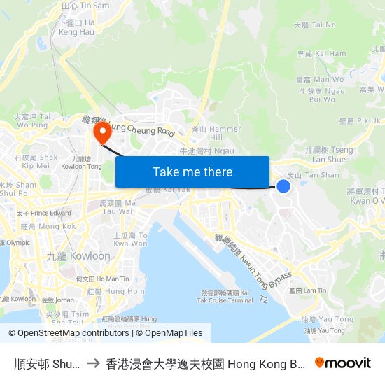 順安邨 Shun on Estate to 香港浸會大學逸夫校園 Hong Kong Baptist University Shaw Campus map