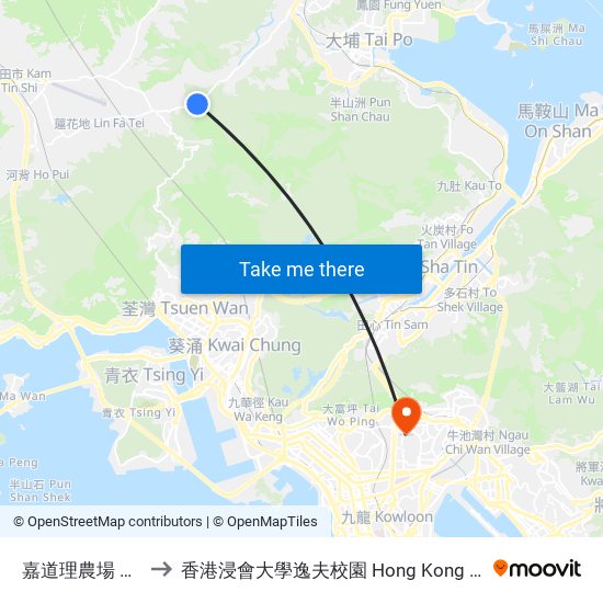 嘉道理農場 Kadoorie Farm to 香港浸會大學逸夫校園 Hong Kong Baptist University Shaw Campus map