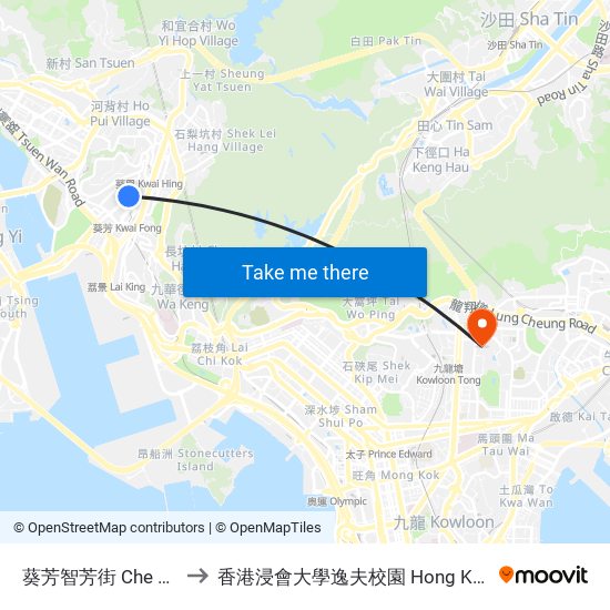 葵芳智芳街 Che Fong Street Kwai Fong to 香港浸會大學逸夫校園 Hong Kong Baptist University Shaw Campus map