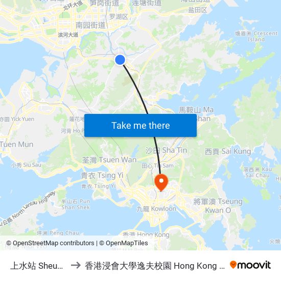 上水站 Sheung Shui Station to 香港浸會大學逸夫校園 Hong Kong Baptist University Shaw Campus map