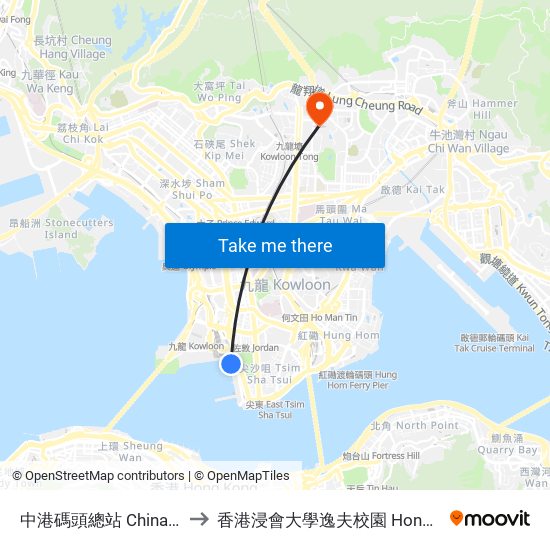 中港碼頭總站 China Ferry Terminal Bus Terminus to 香港浸會大學逸夫校園 Hong Kong Baptist University Shaw Campus map