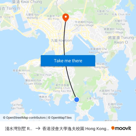 淺水灣別墅 Repulse Bay Villa to 香港浸會大學逸夫校園 Hong Kong Baptist University Shaw Campus map