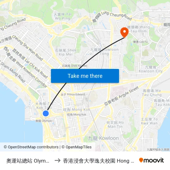 奧運站總站 Olympic Station Bus Terminus to 香港浸會大學逸夫校園 Hong Kong Baptist University Shaw Campus map