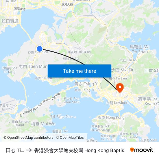 田心 Tin Sam to 香港浸會大學逸夫校園 Hong Kong Baptist University Shaw Campus map