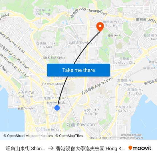 旺角山東街 Shantung Street Mong Kok to 香港浸會大學逸夫校園 Hong Kong Baptist University Shaw Campus map