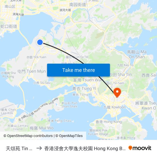 天頌苑 Tin Chung Court to 香港浸會大學逸夫校園 Hong Kong Baptist University Shaw Campus map