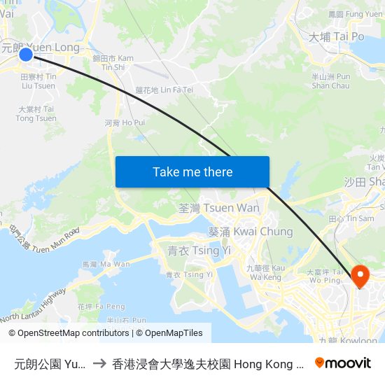元朗公園 Yuen Long Park to 香港浸會大學逸夫校園 Hong Kong Baptist University Shaw Campus map