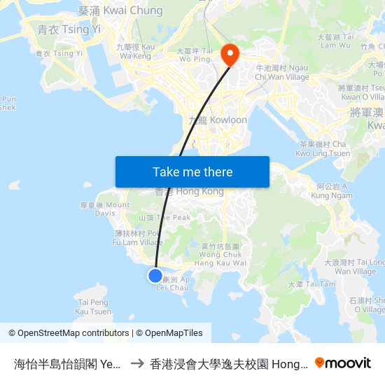 海怡半島怡韻閣 Yee Wan Court South Horizons to 香港浸會大學逸夫校園 Hong Kong Baptist University Shaw Campus map