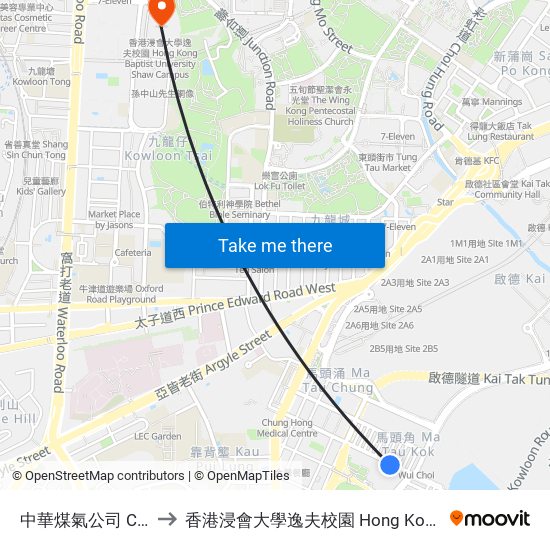 中華煤氣公司 China Gas Company to 香港浸會大學逸夫校園 Hong Kong Baptist University Shaw Campus map