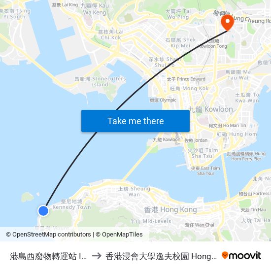 港島西廢物轉運站 Island West Transfer Station to 香港浸會大學逸夫校園 Hong Kong Baptist University Shaw Campus map