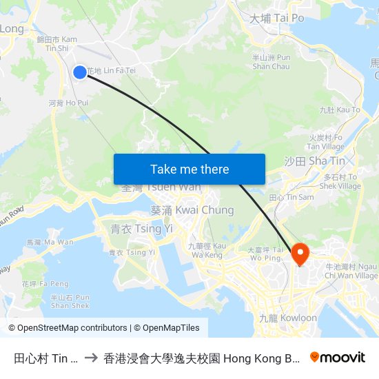 田心村 Tin Sam Tsuen to 香港浸會大學逸夫校園 Hong Kong Baptist University Shaw Campus map