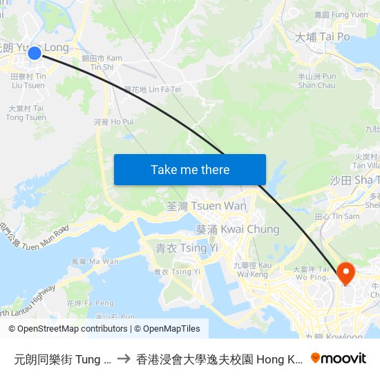 元朗同樂街 Tung LOK Street Yuen Long to 香港浸會大學逸夫校園 Hong Kong Baptist University Shaw Campus map