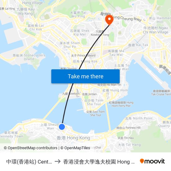 中環(香港站) Central (Hong Kong Station) to 香港浸會大學逸夫校園 Hong Kong Baptist University Shaw Campus map