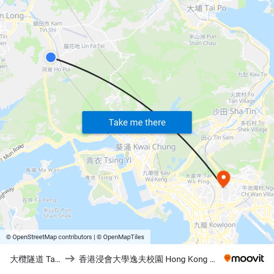 大欖隧道 Tai Lam Tunnel to 香港浸會大學逸夫校園 Hong Kong Baptist University Shaw Campus map