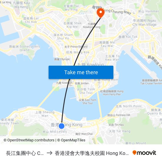 長江集團中心 Cheung Kong Center to 香港浸會大學逸夫校園 Hong Kong Baptist University Shaw Campus map