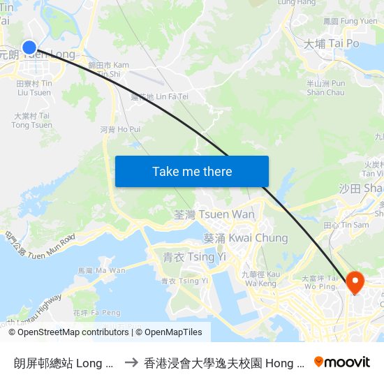 朗屏邨總站 Long Ping Estate Bus Terminus to 香港浸會大學逸夫校園 Hong Kong Baptist University Shaw Campus map