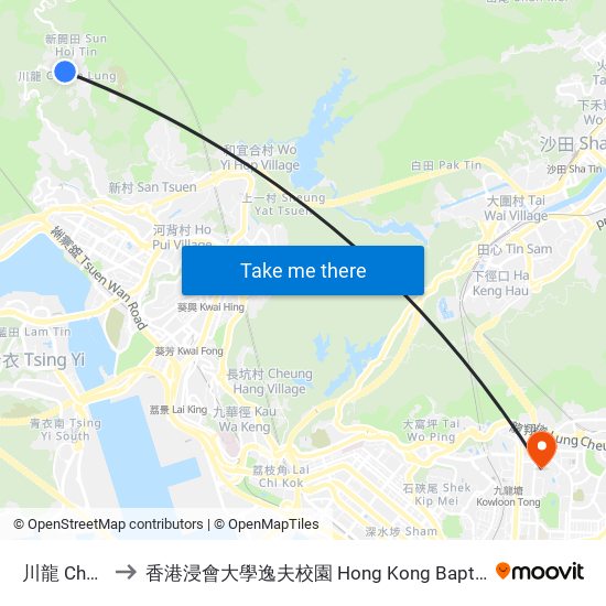 川龍 Chuen Lung to 香港浸會大學逸夫校園 Hong Kong Baptist University Shaw Campus map