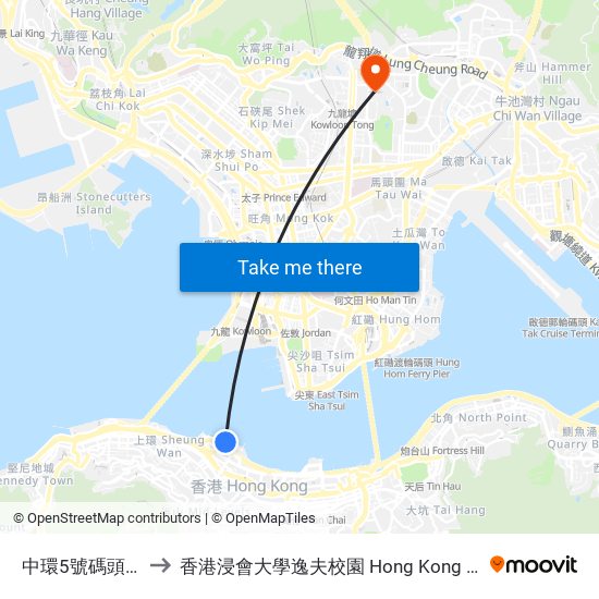 中環5號碼頭 Central Pier 5 to 香港浸會大學逸夫校園 Hong Kong Baptist University Shaw Campus map