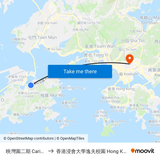 映灣園二期 Caribbean Coast Phase 2 to 香港浸會大學逸夫校園 Hong Kong Baptist University Shaw Campus map